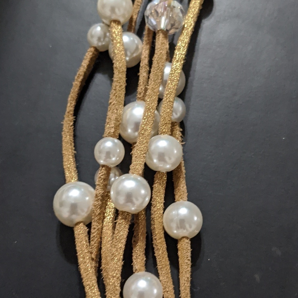 Gold Tone Brown Leather Cord Faux Pearl Crystal Bead Layered Statement Necklace - Picture 3 of 4